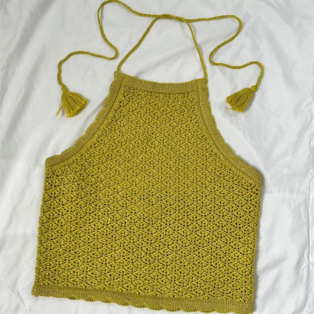 Amisu knitwear gold / butter yellow crochet glitter halter top ✨ festival tank
